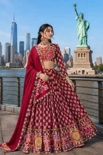 Maroon Rayon Cotton Navratri Lehenga Choli with Mirror Work With dupatta