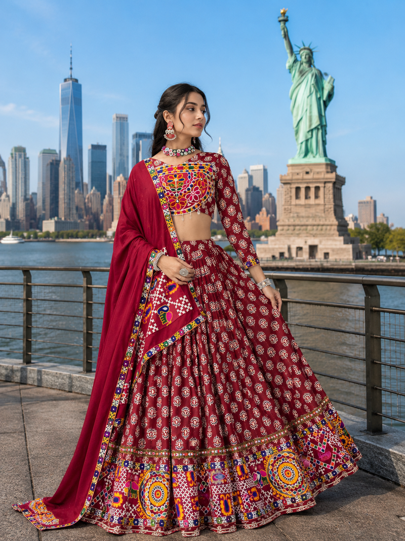 Maroon Rayon Cotton Navratri Lehenga Choli with Mirror Work With dupatta