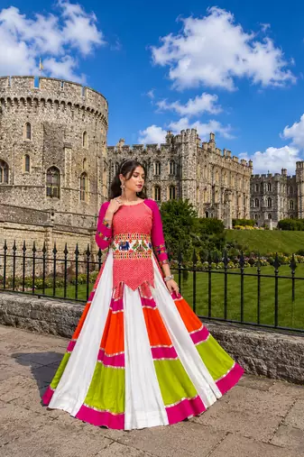 Multicolor Rayon Cotton Navratri Lehenga with Gamthi Embroidered Designer Top