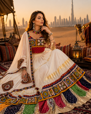 Cream Rayon Cotton Navratri Lehenga Choli with Kutchi Work & Mirror Dupatta 2