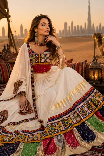 Cream Rayon Cotton Navratri Lehenga Choli with Kutchi Work & Mirror Dupatta