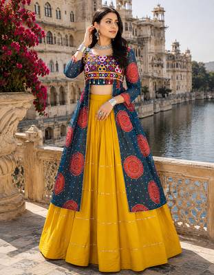 Blue Rayon Cotton Navratri Lehenga with Bandhani Kurti & Kachchi Work 1