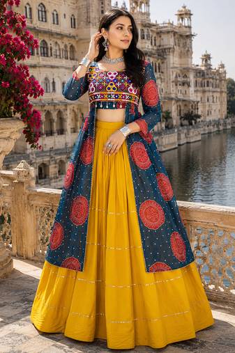 Blue Rayon Cotton Navratri Lehenga with Bandhani Kurti & Kachchi Work