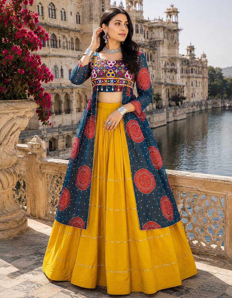 Blue Rayon Cotton Navratri Lehenga with Bandhani Kurti & Kachchi Work