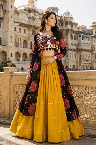 Black Rayon Cotton Navratri Lehenga with Bandhani Kurti & Kachchi Work