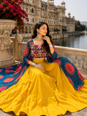 Blue Rayon Cotton Navratri Lehenga with Bandhani Kurti & Kachchi Work 2