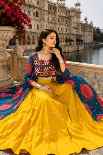 Blue Rayon Cotton Navratri Lehenga with Bandhani Kurti & Kachchi Work
