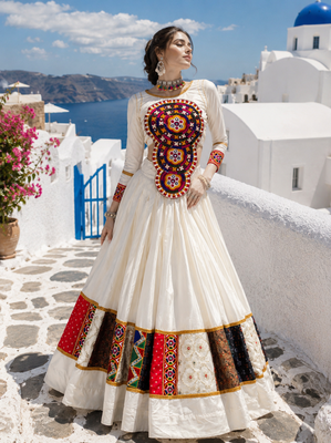 White Rayon Cotton Navratri Lehenga with Kutchi Mirror Work Designer Top 1