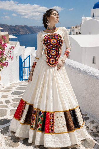 white kutchi mirror work rayon cotton designer navratri lehenga