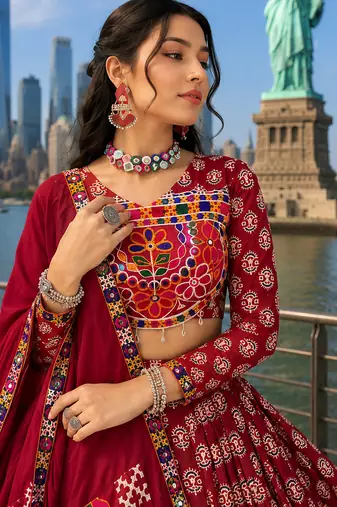 Maroon Rayon Cotton Navratri Lehenga Choli with Mirror Work With dupatta