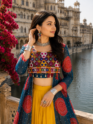 Blue Rayon Cotton Navratri Lehenga with Bandhani Kurti & Kachchi Work 3