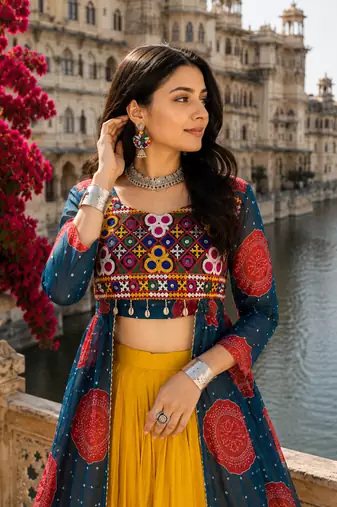 Blue Rayon Cotton Navratri Lehenga with Bandhani Kurti & Kachchi Work