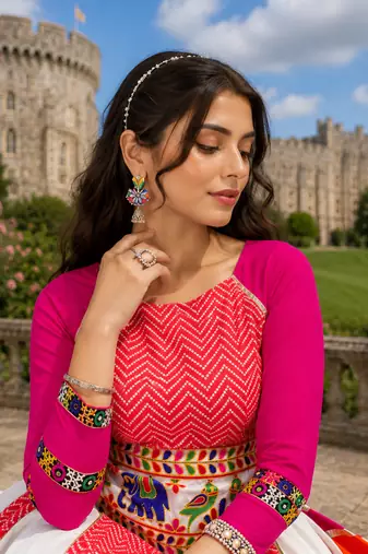 Multicolor Rayon Cotton Navratri Lehenga with Gamthi Embroidered Designer Top
