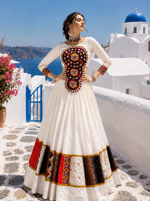 White Rayon Cotton Navratri Lehenga with Kutchi Mirror Work Designer Top 2