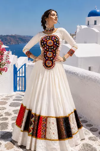 White Rayon Cotton Navratri Lehenga with Kutchi Mirror Work Designer Top
