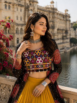 Black Rayon Cotton Navratri Lehenga with Bandhani Kurti & Kachchi Work 2