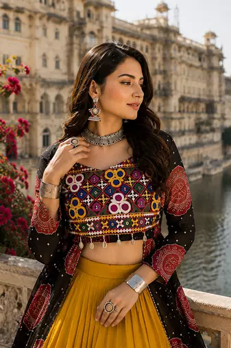 Black Rayon Cotton Navratri Lehenga with Bandhani Kurti & Kachchi Work