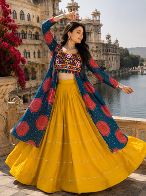 Blue Rayon Cotton Navratri Lehenga with Bandhani Kurti & Kachchi Work 4
