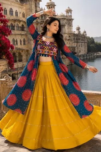 Blue Rayon Cotton Navratri Lehenga with Bandhani Kurti & Kachchi Work