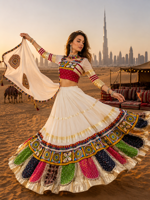 Cream Rayon Cotton Navratri Lehenga Choli with Kutchi Work & Mirror Dupatta 4