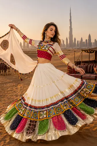 Cream Rayon Cotton Navratri Lehenga Choli with Kutchi Work & Mirror Dupatta