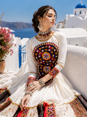 White Rayon Cotton Navratri Lehenga with Kutchi Mirror Work Designer Top 3