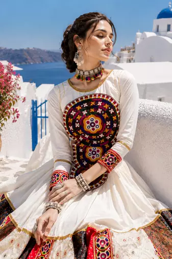 White Rayon Cotton Navratri Lehenga with Kutchi Mirror Work Designer Top