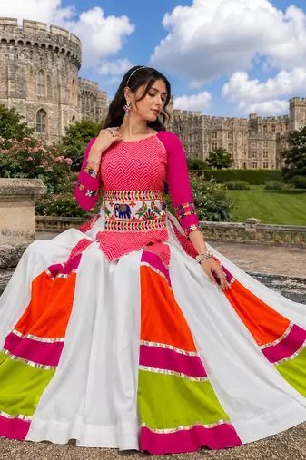 Multicolor Rayon Cotton Navratri Lehenga with Gamthi Embroidered Designer Top