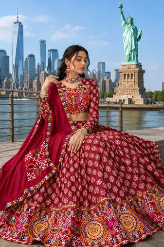 Maroon Rayon Cotton Navratri Lehenga Choli with Mirror Work With dupatta