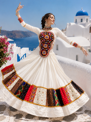 White Rayon Cotton Navratri Lehenga with Kutchi Mirror Work Designer Top 4