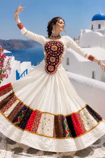 White Rayon Cotton Navratri Lehenga with Kutchi Mirror Work Designer Top