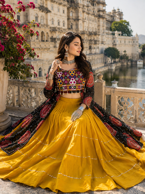 Black Rayon Cotton Navratri Lehenga with Bandhani Kurti & Kachchi Work 3