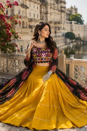 Black Rayon Cotton Navratri Lehenga with Bandhani Kurti & Kachchi Work