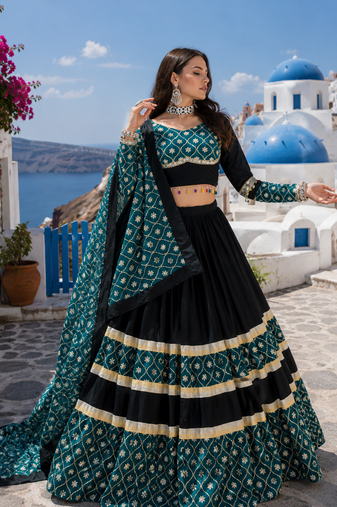 Black Rayon Cotton Navratri Lehenga Choli with Sequin Work & Faux Georgette Dupatta