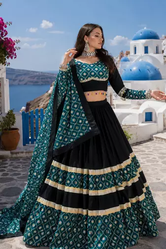 Black Rayon Cotton Navratri Lehenga Choli with Sequin Work & Faux Georgette Dupatta