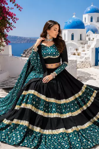 Black Rayon Cotton Navratri Lehenga Choli with Sequin Work & Faux Georgette Dupatta