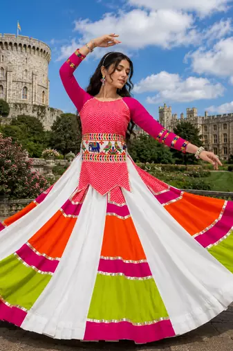 Multicolor Rayon Cotton Navratri Lehenga with Gamthi Embroidered Designer Top