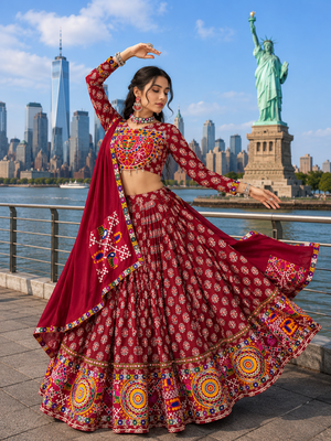 Maroon Rayon Cotton Navratri Lehenga Choli with Mirror Work With dupatta 4