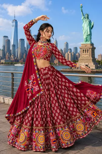 Maroon Rayon Cotton Navratri Lehenga Choli with Mirror Work With dupatta