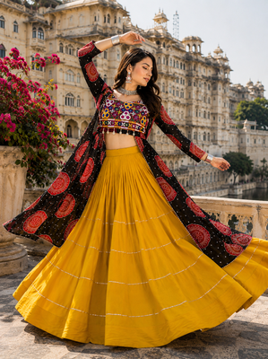 Black Rayon Cotton Navratri Lehenga with Bandhani Kurti & Kachchi Work 4