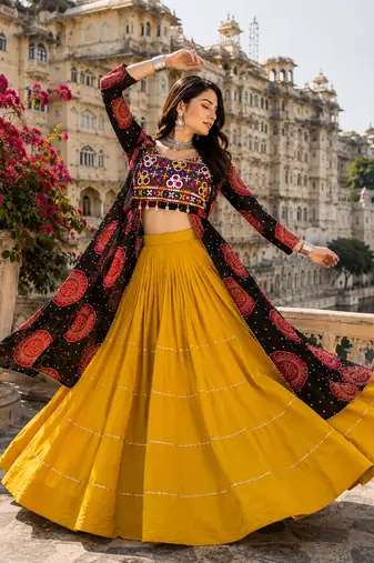 Black Rayon Cotton Navratri Lehenga with Bandhani Kurti & Kachchi Work