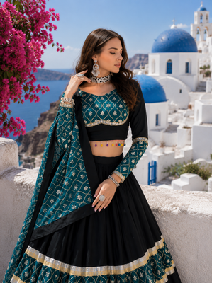 Black Rayon Cotton Navratri Lehenga Choli with Sequin Work & Faux Georgette Dupatta 3