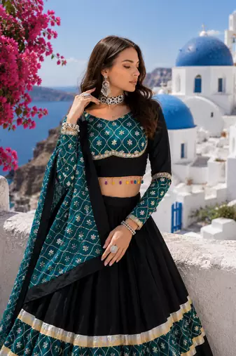 Black Rayon Cotton Navratri Lehenga Choli with Sequin Work & Faux Georgette Dupatta
