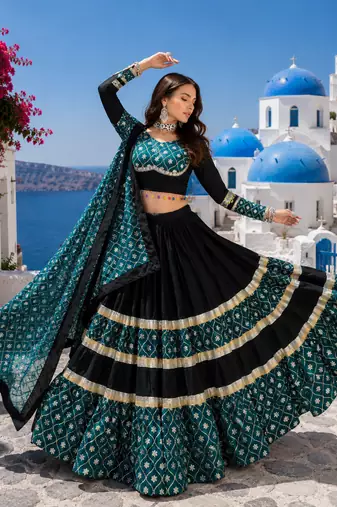 Black Rayon Cotton Navratri Lehenga Choli with Sequin Work & Faux Georgette Dupatta