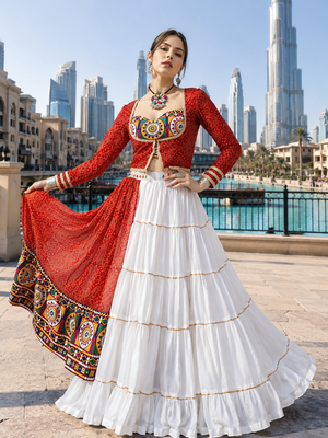 Red Rayon Cotton Navratri Lehenga Choli with Kutchi Work & Designer Koti 1