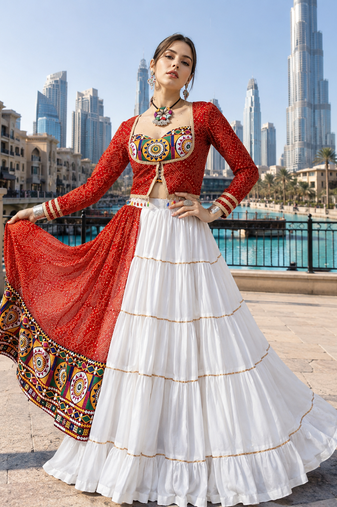 Red Rayon Cotton Navratri Lehenga Choli with Kutchi Work & Designer Koti
