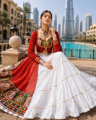 Red Rayon Cotton Navratri Lehenga Choli with Kutchi Work & Designer Koti 2