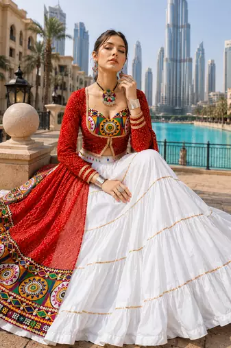 Red Rayon Cotton Navratri Lehenga Choli with Kutchi Work & Designer Koti