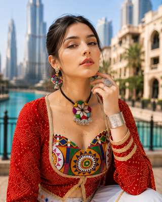Red Rayon Cotton Navratri Lehenga Choli with Kutchi Work & Designer Koti 3