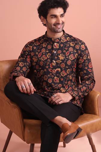 Rooted libaas multicolor digital print cotton blend full sleeves short kurta
